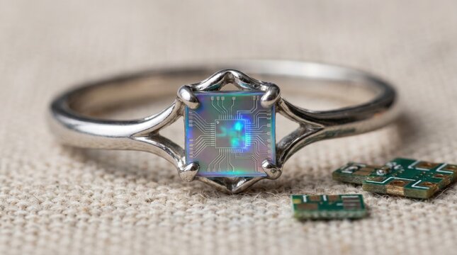 Silver ring featuring a glowing square microchip instead of a gemstone resting on fabric