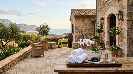 Plakat Rustic stone courtyard with spa tray towels orchids and sea view