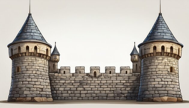 a stone castle wall with turrets and towers on a empty background