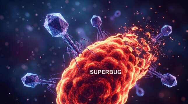 Microscopic view of bacteriophage viruses attacking a red bacteria labeled superbug