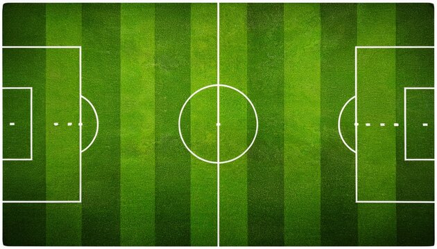 overhead view of a green soccer field with a checkered grass pattern and white boundary markings for sports concepts