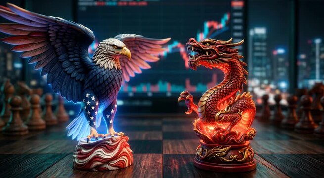 Eagle and dragon chess figurines facing off on board. Trade war and geopolitical rivalry concept. International economic competition and global market tension data.