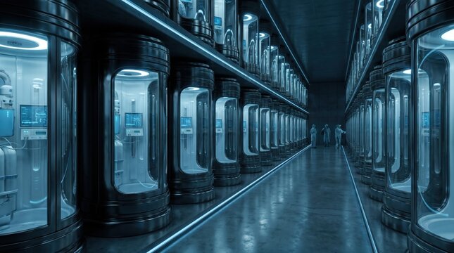 Dark futuristic sci fi corridor lined with rows of glowing cryogenic stasis pods
