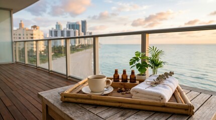 Fototapeta premium Spa tray on balcony with ocean view and city beach