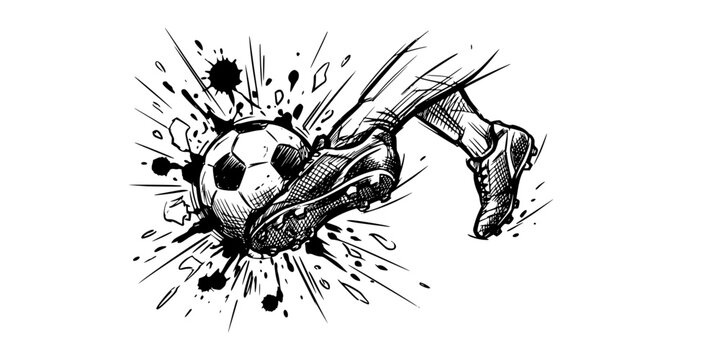 Dynamic black and white soccer cleats kicking ball with motion splash effect
