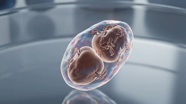 3D Render of Cell Division Process Showing Translucent Cells Against Laboratory Background