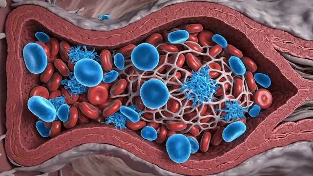 3D Render of Blood Cells with Interacting Red and Blue Blood Cells Inside a Blood Vessel for Medical and Educational Illustrations