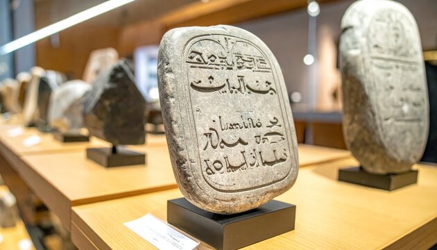 Detailed replica of an ancient stone tablet showcasing multilingual inscriptions in historical scripts