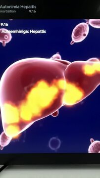 4K Holographic Animation Illustrating Autoimmune Hepatitis Affected Liver With Yellow Lesions Against Abstract Blue Background For Medical Visualization
