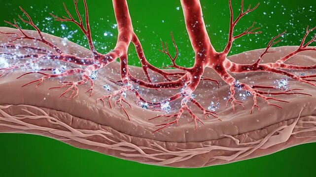 4K Macro View of Skin Tissue with Blood Vessels Illustrating Microcirculation Against Green Screen Background
