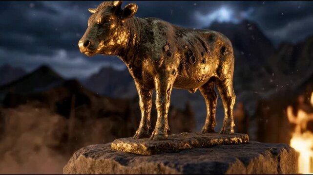 Ancient Golden Calf Idol Statue in a Biblical Camp Setting at Night