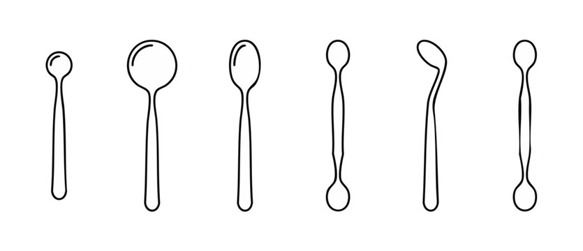 Spoon set icons flat line style collection, various culinary utensil shapes for food design, dining equipment vector illustration, kitchen tool symbols set, minimalist cooking supplies isolated on whi