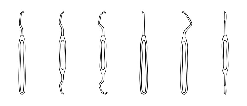 Dental scaler instruments set collection for professional dentistry, metal tools for oral hygiene and teeth cleaning, flat line style icons isolated on white background, dental health medical equipmen
