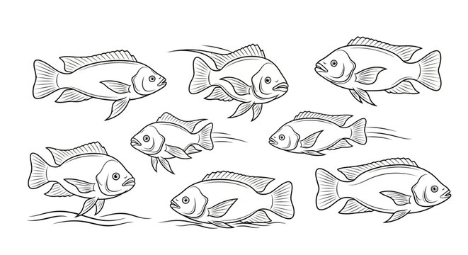Set of Hand Drawn Cichlid Fish Sketches for Aquatic Illustrations