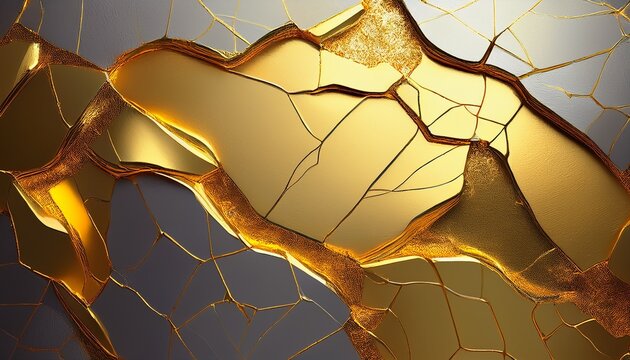 abstract cracked surface with golden kintsugi texture elegant minimal background with metallic shimmering lines and falling shadows
