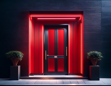 members only door with red neon private club entrance with glowing frame urban architecture exterior with dark wall