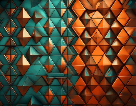 abstract grunge geometric background featuring seamless 3d pattern of rusty metallic triangles in vibrant orange and teal blue tones creates a modern industrial wall texture or artistic mosaic surface
