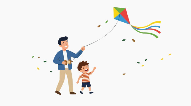 Father and son flying a colorful kite together outdoors on a windy day with falling leaves