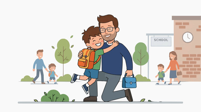 Father and son hugging happily outside school building with other families arriving for pickup or drop off