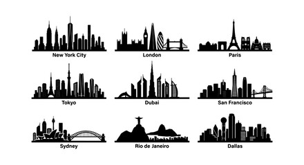Obraz premium City Skylines Vector Icons: Global Landmarks, Urban Silhouettes, Travel Destinations