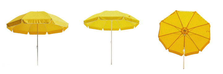 Bright Yellow Sun Umbrella Open Beach Parasol Isolated on Pure White Background for Summer Vacation Travel and Resort Advertising Graphic Layouts © Homelanderrr