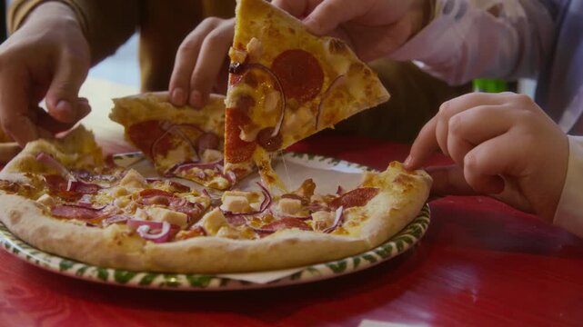 Close up shot of mouthwatering slices of pizza topped with pepperoni, red onion, and meat, with stringy cheese, being lifted by unrecognizable hands in cafe