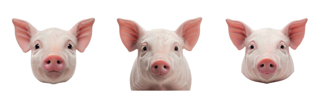 Close Up Portrait of a Cute Pink Piglet Head Looking Ahead Isolated on White Background for Livestock Farming and Cute Domestic Animal Content