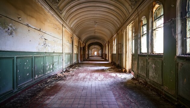 a long arched decaying corridor with peeling paint and dust covered tiled floor in an abandoned european psychiatric hospital or asylum evoking feelings of eerie desolation
