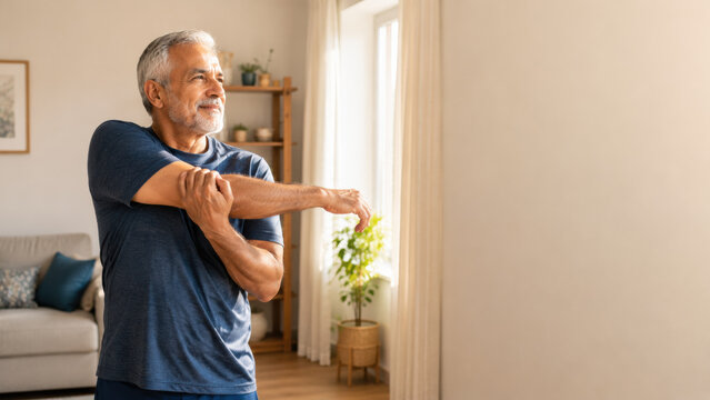 Rehabilitation after cardiac bypass surgery. senior man stretching exercise home living room wellness smiling morning routine, active lifestyle