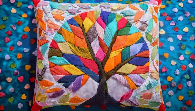 vibrant handmade quilt with colorful tree design