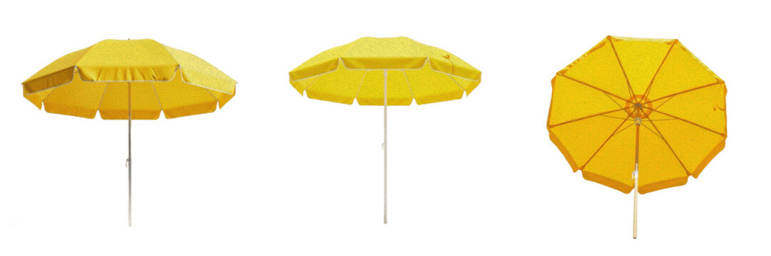 Bright Yellow Sun Umbrella Open Beach Parasol Isolated on Pure White Background for Summer Vacation Travel and Resort Advertising Graphic Layouts