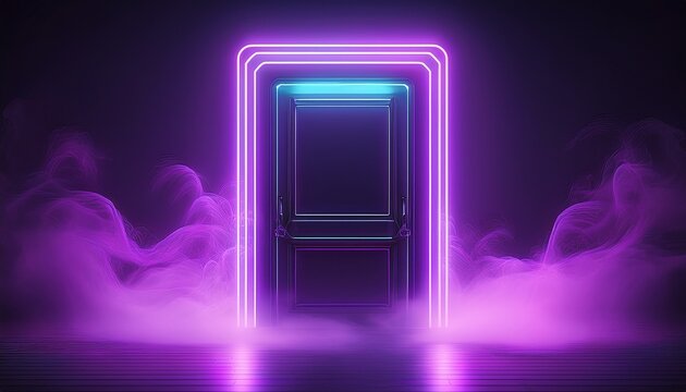 neon outlined door with purple smoke futuristic glowing frame in dark room cyberpunk background design with reflection surface