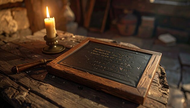 Ancient Roman wax tablet with faint Latin script impressions made by a bronze stylus, illuminated by candlelight on a wooden table