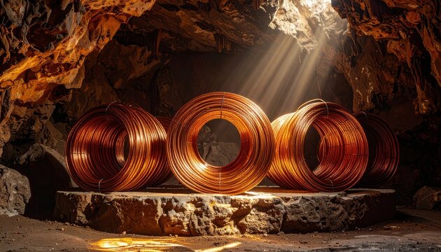 Glimmering Copper Wire Coils Hand Formed and Uniform Piled Neatly on Stone in a Sunlit Cave
