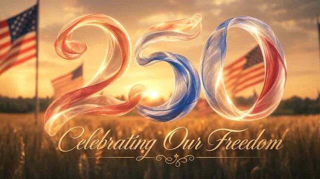 Patriotic celebration of two hundred fifty years of American freedom featuring glowing red white and blue numbers over golden field with flags at sunset