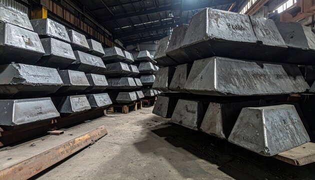 Massive stacks of heavy lead ingots fill a dimly lit industrial warehouse, showcasing raw metal storage and manufacturing materials.