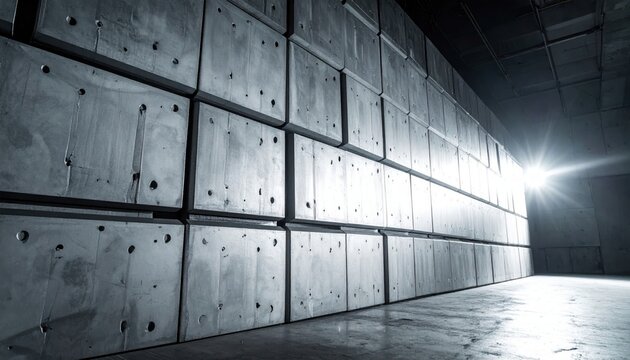 Dense concrete shielding blocks form a formidable protective wall, emphasizing industrial strength and robust construction.