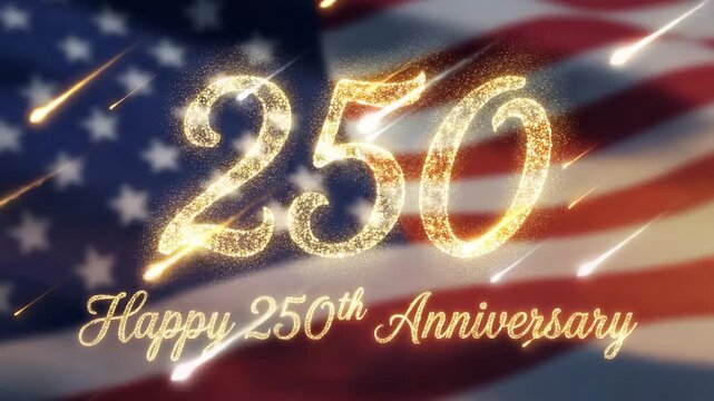 Glittering 250th Anniversary Celebration with Sparkling Numerals and Streaking Lights over Waving National Emblem