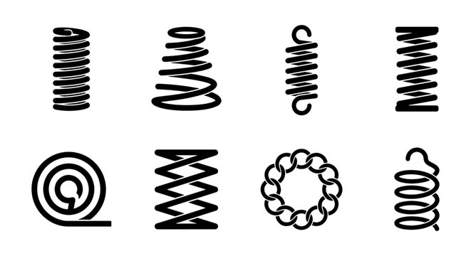 Spring Icons Set, Coil Vector Graphics, Metal Spring Shapes, Elastic Band Collection