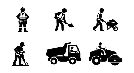 Fototapeta premium Construction Worker Icons, Road Roller, Dump Truck, 6 Vector Elements