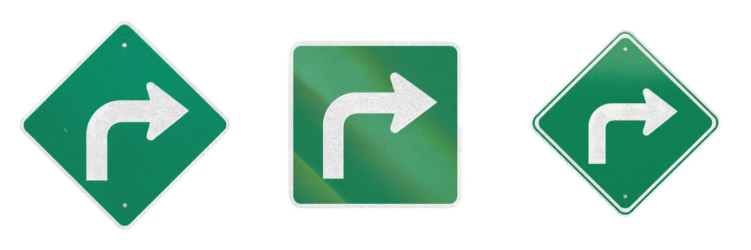 Green traffic sign sharp right turn arrow premium PNG stock photo, realistic road warning direction navigation indicator isolated on white background asset