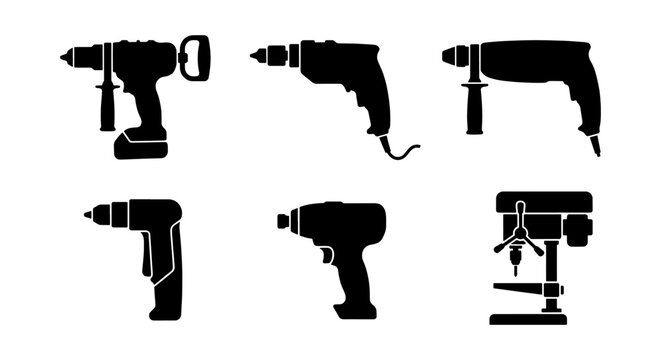 Drill Icons Set: Power Tools, Cordless & Bench Drills, Vector Silhouettes