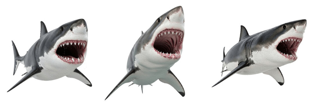 Great white shark attacking jaw open premium PNG stock photo, realistic marine predator fish carcharodon carcharias isolated on white background asset
