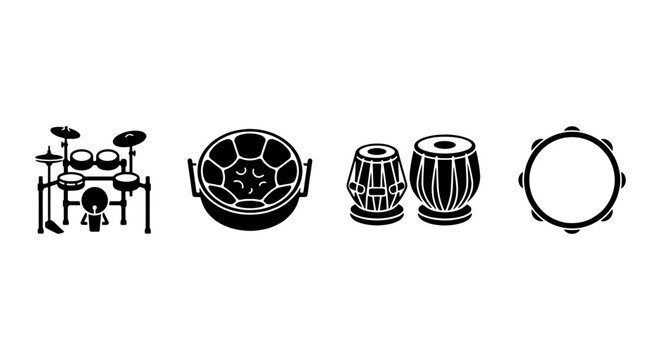 Drum Icons Set: Electronic Drums, Steelpan, Tabla, Tambourine Vector Graphics