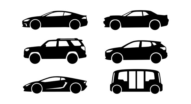 Modern Car Silhouettes Collection, Automotive Icons Set, Vehicle Vector Graphics