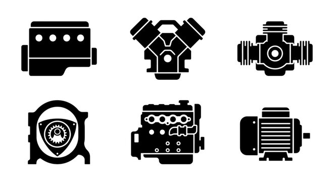 Engine Icons Set, Motor Parts Collection, Mechanical Components Vector Graphics