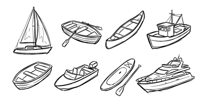 Various boats and watercraft sketch set, sailing, rowing, fishing and leisure marine vessels vector illustration