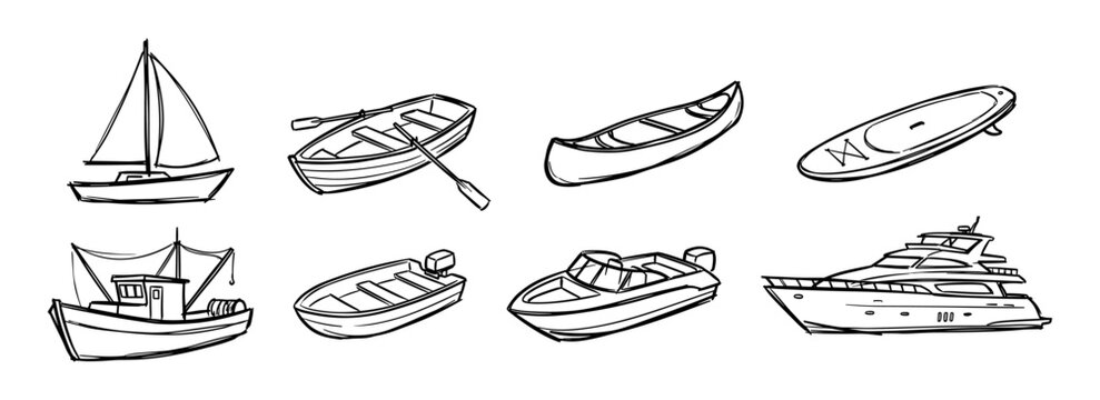 Different types of boats and watercraft line art, sailing, fishing and recreational vessels vector illustration