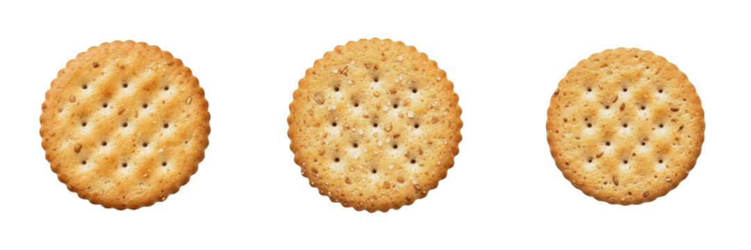 Round cracker biscuit savory snack premium PNG stock photo, realistic baked salty cookie pastry texture isolated on white background asset