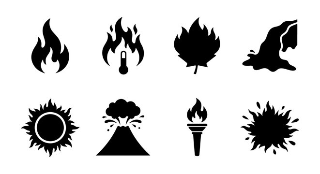 Fiery Elements Icons: Heat, Blaze, Volcano, Torch, Sun, Water